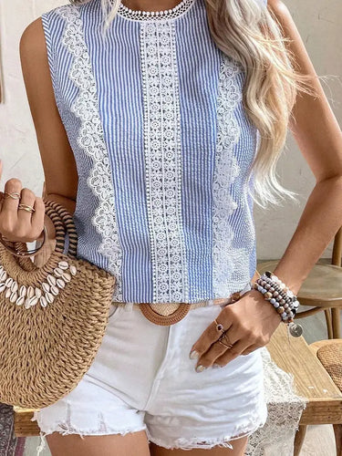 Sky Blue Stripe Lace Patchwork Crew Neck Tank Top