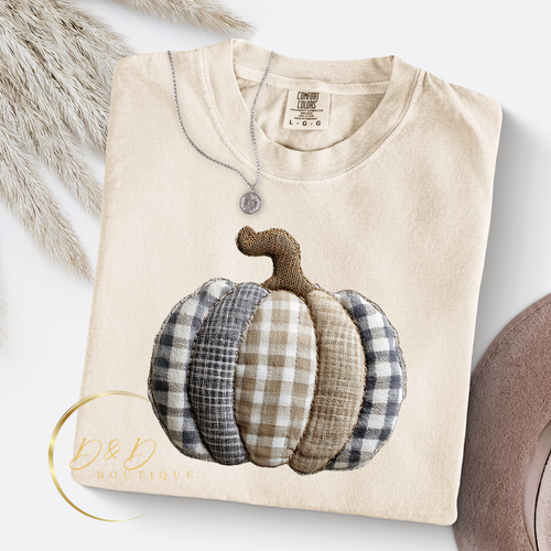 Neutral Plaid Pumpkin (Faux Needlework/Patch)