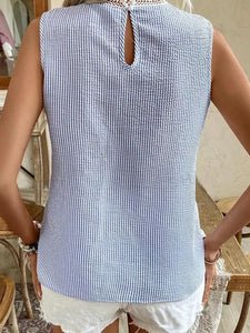 Sky Blue Stripe Lace Patchwork Crew Neck Tank Top