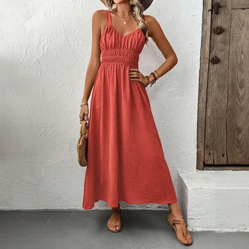 Sleeveless Halter Textured Pleated Casual Dress