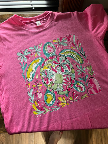 Floral Turtle - Pink YXL Tee