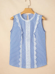 Sky Blue Stripe Lace Patchwork Crew Neck Tank Top